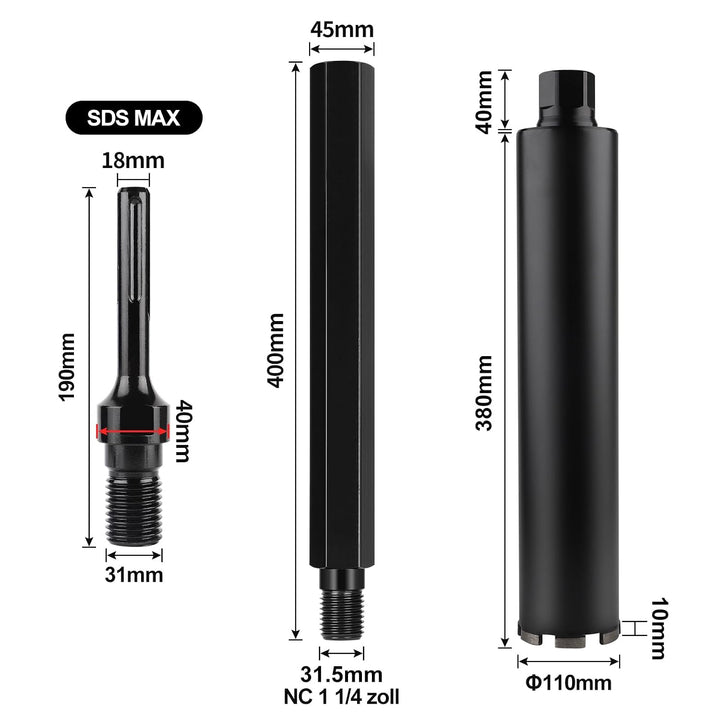 CPROSP 1¼" UNC ⌀110mm Diamantbohrkrone mit Kernbohrer Verlängerung 400mm und SDS MAX Adapter, Kernbo