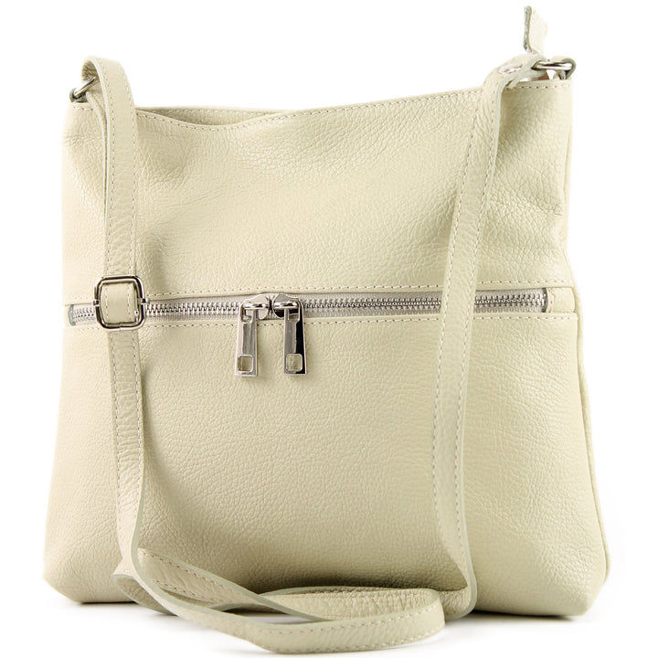 modamoda de - T144 - ital Umhängetasche Schultertasche aus Leder Cremebeige, Cremebeige