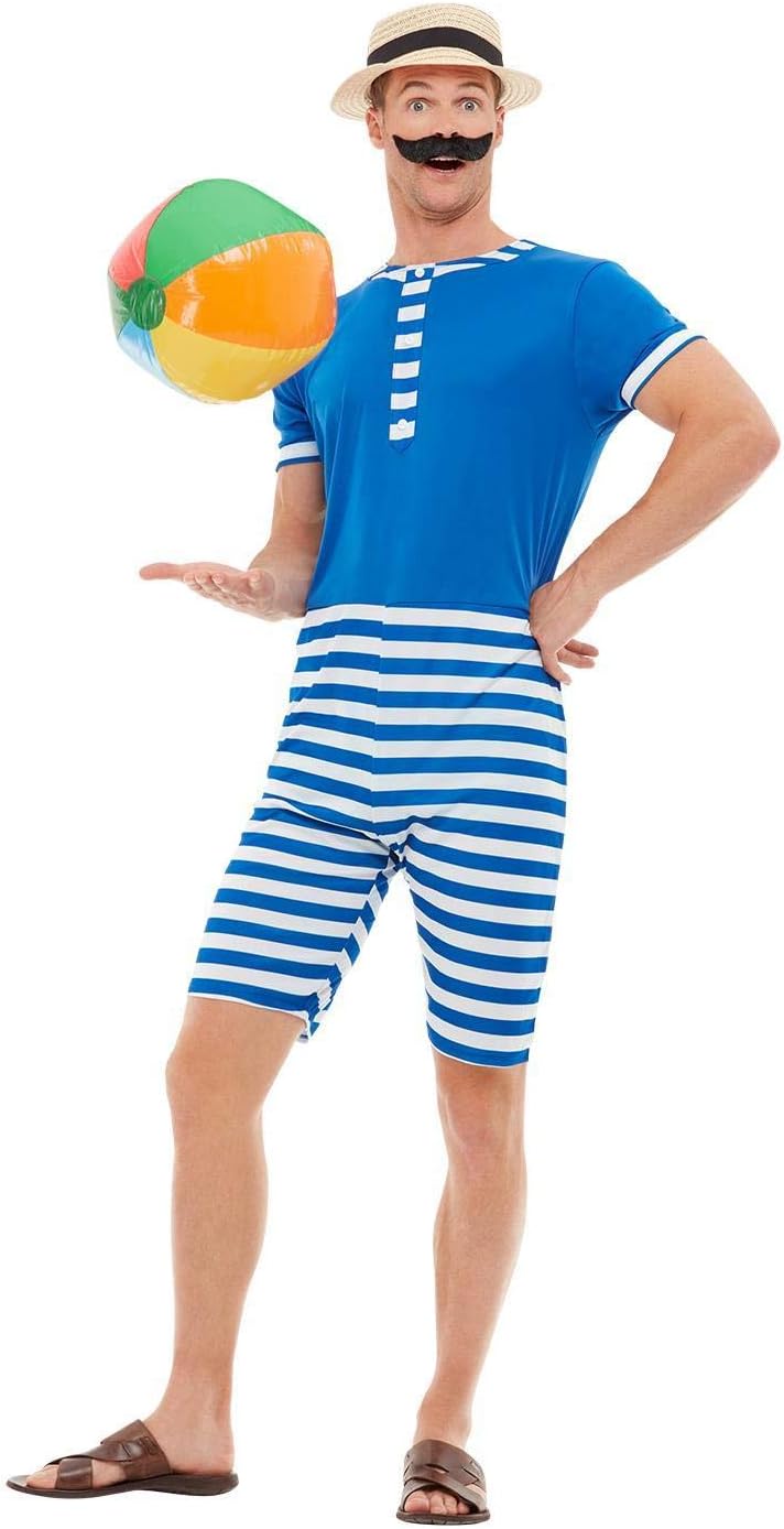 20s Bathing Suit Costume, Blue &amp; White, with Short Jumpsuit, Hat &amp; Moustache (M) 38-40 Blau, 38-40 B