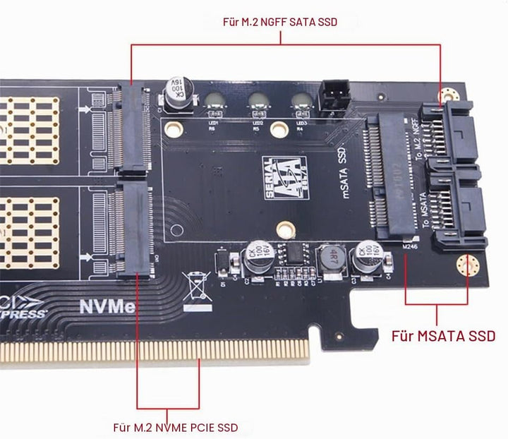 xiwai PCI Express PCI-E 3.0 und Dual SATA auf NGFF NVME MSATA M-Key B/M-Key SSD Adapter 3-in-1 PCI-E
