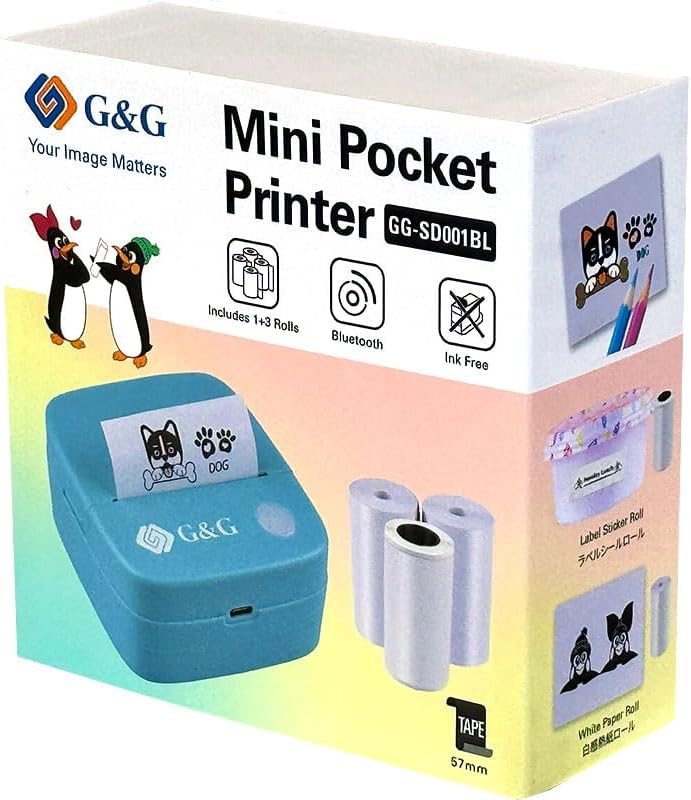 G&G Mini Thermodrucker SD001BL Mobiler Bluetooth Drucker für Handy & Tablet, Kabellos, Ohne Tinte, I