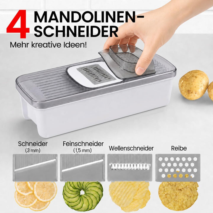7-in-1 Gemüseschneider und Mandoline Gemüsehobel - Vertikaler Würfelschneider mit Behälter, Julienne