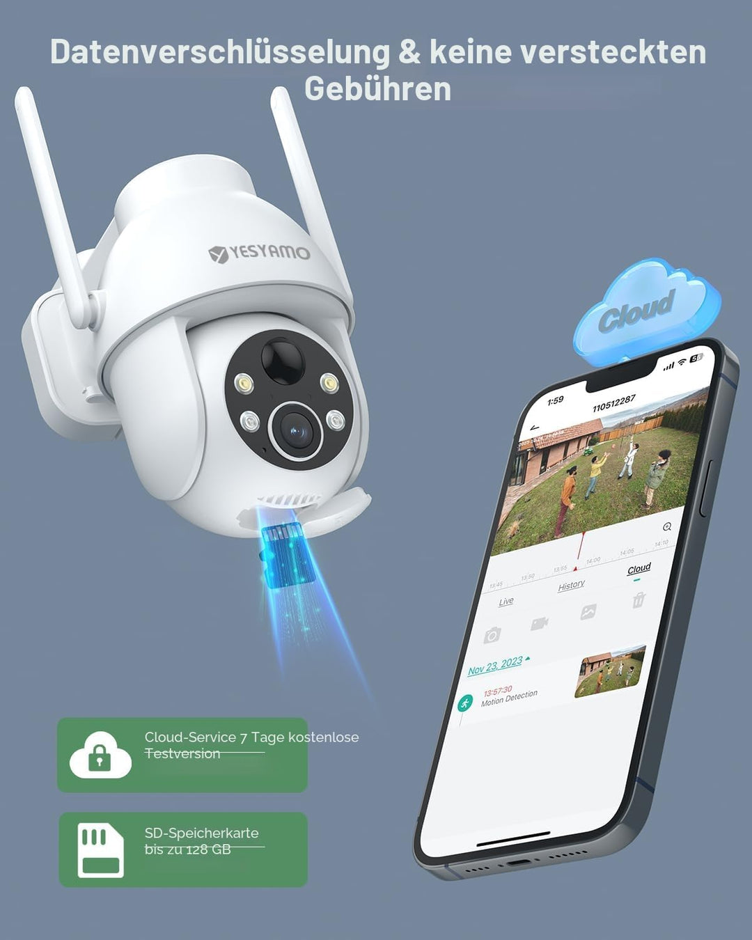 YESYAMO 2K Überwachungskamera Aussen Akku, 355°/90° Pan Tilt WLAN Kamera mit Farbnachtsicht, solar K