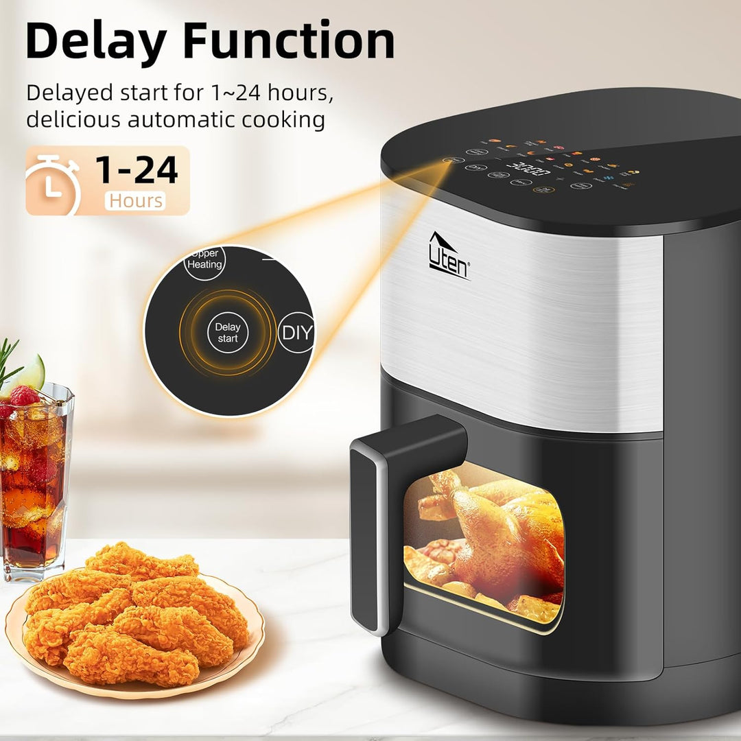 Uten Dual Blaze Heissluftfritteuse 5,5 L mit Sichtfenster, Airfryer 14 Programme, Verzögerter Start,