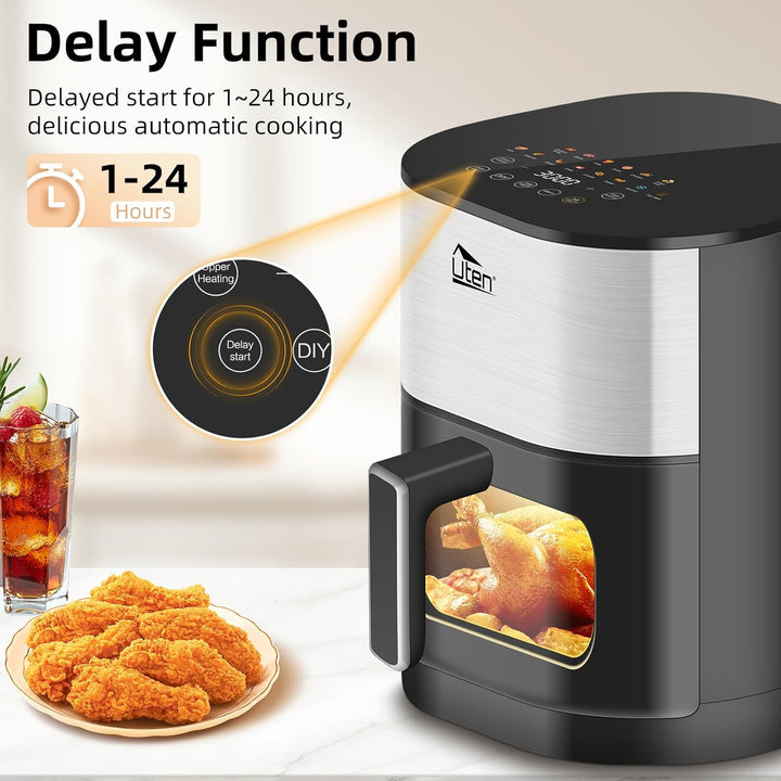 Uten Dual Blaze Heissluftfritteuse 5,5 L mit Sichtfenster, Airfryer 14 Programme, Verzögerter Start,