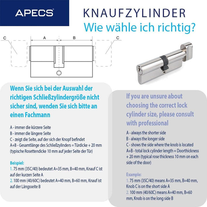 Knaufzylinder APECS Schliesszylinder mit Knauf Zylinderschloss 100(40C/60) mm fur Türschloss Haustür
