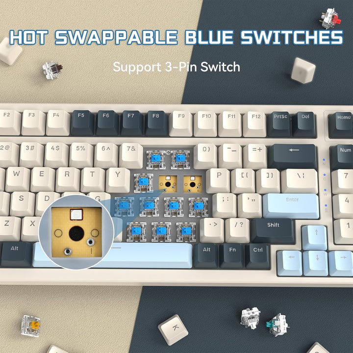 MAMBASNAKE K8 Bunte mechanische 3-Modu Tastatur, 2.4G kabellose Bluetooth Gaming Tastatur mit Spiral