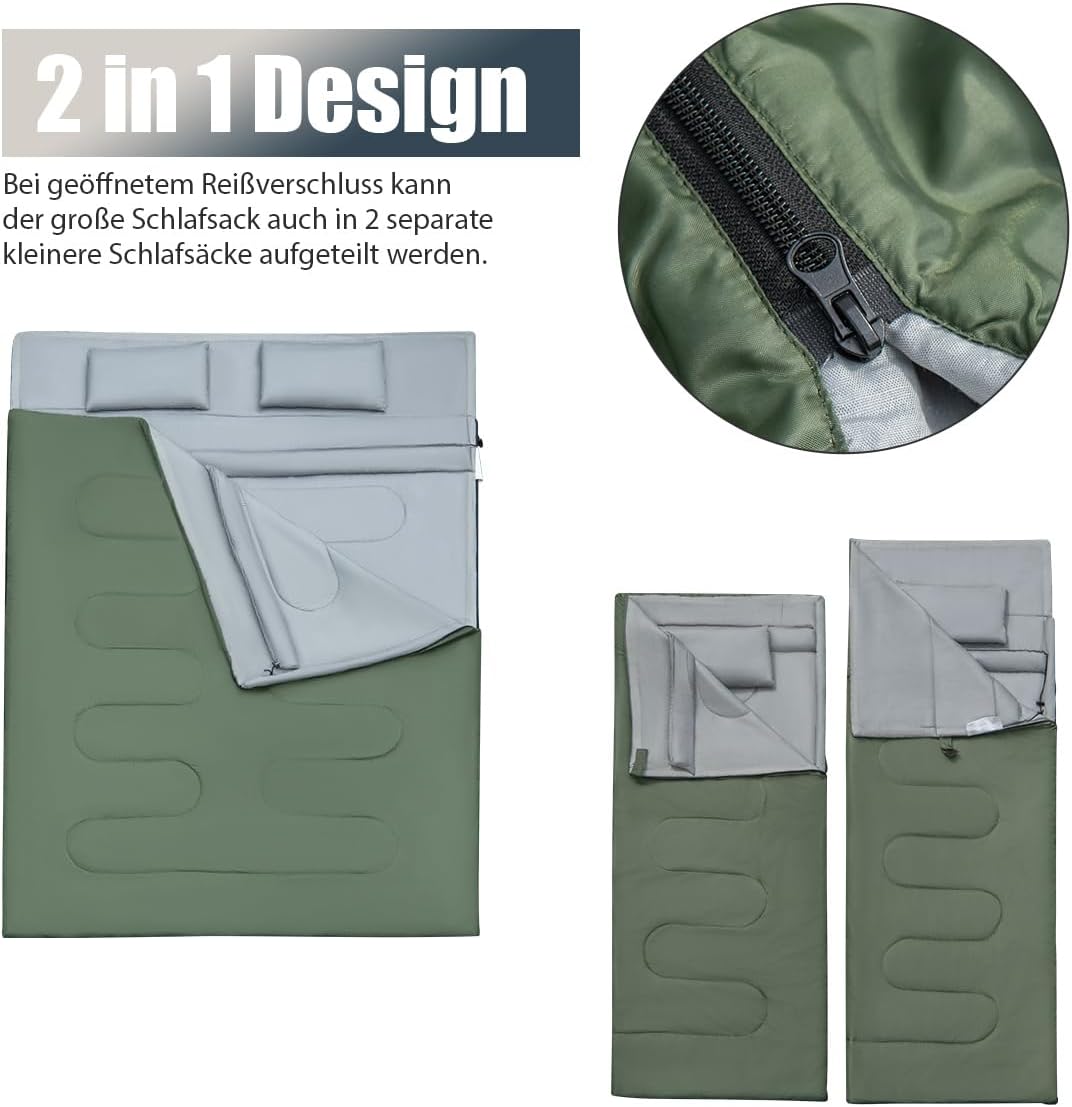 SOARS Schlafsack Doppelschlafsack 2 Personen, Deckenschlafsack mit 2 Kissen & Tragetasche, wasserdic
