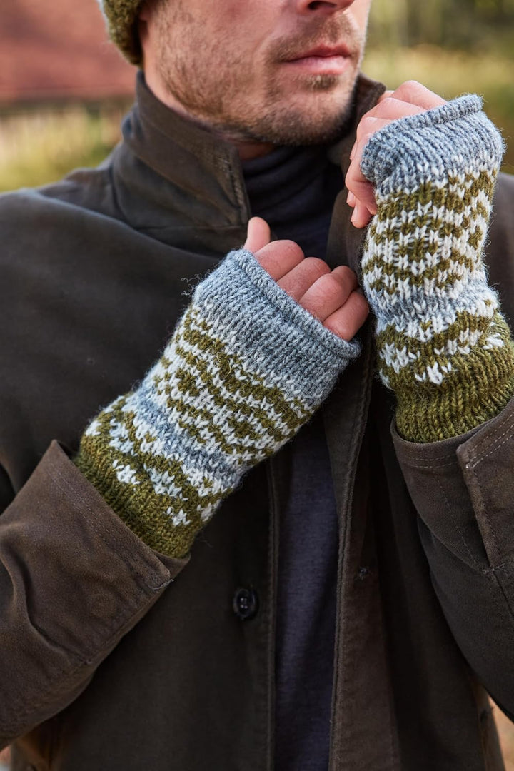 Pachamama Herren-Handwärmer aus Wolle, mit Fleece gefüttert, handgestrickt, Fairisle, Einheitsgrösse
