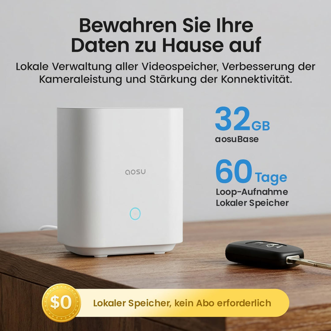 aosu 3K 5MP UHD Überwachungskamera Aussen Solar Akku 4 Cam Kit mit aosuBase 32GB Lokal Speicher Kein