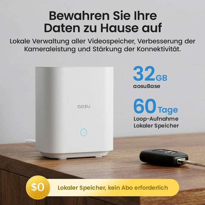 aosu 3K 5MP UHD Überwachungskamera Aussen Solar Akku 4 Cam Kit mit aosuBase 32GB Lokal Speicher Kein