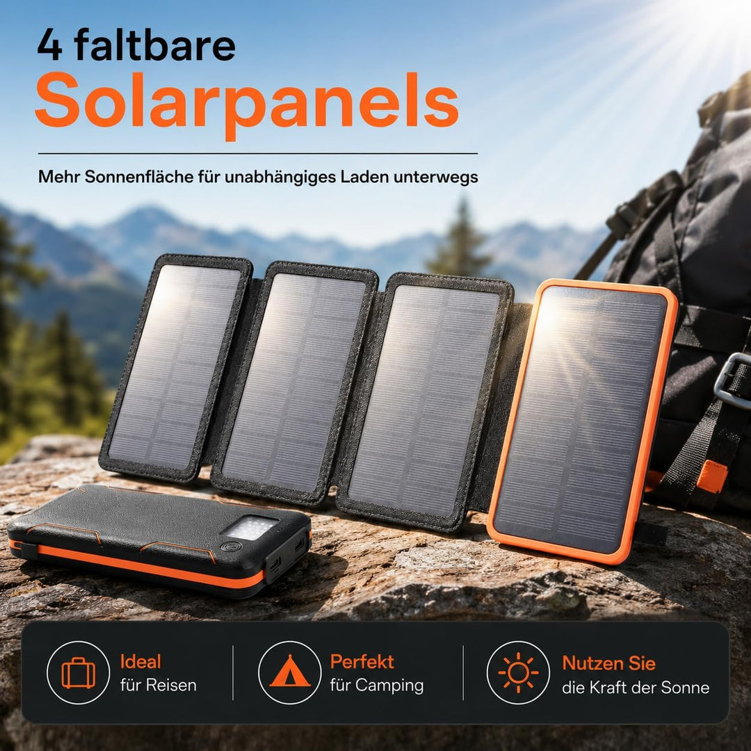 Solar Powerbank 36.800mAh, 4 Solarpanels, 15W Schnellladen, USB-C & QC 3.0, LED-Taschenlampe, Outdoo