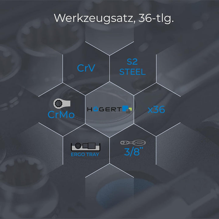 Högert HT1R465 Werkzeugsatz, schwarz/Blau, 3/8” 36 teilig, 36 teilig