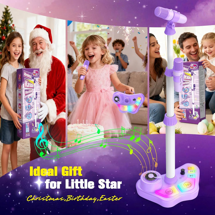 Karaoke Maschine Kinder mit 2 Bluetooth Mikrofon und Verstellbarer Mikrofon Ständer, Geschenk Spielz