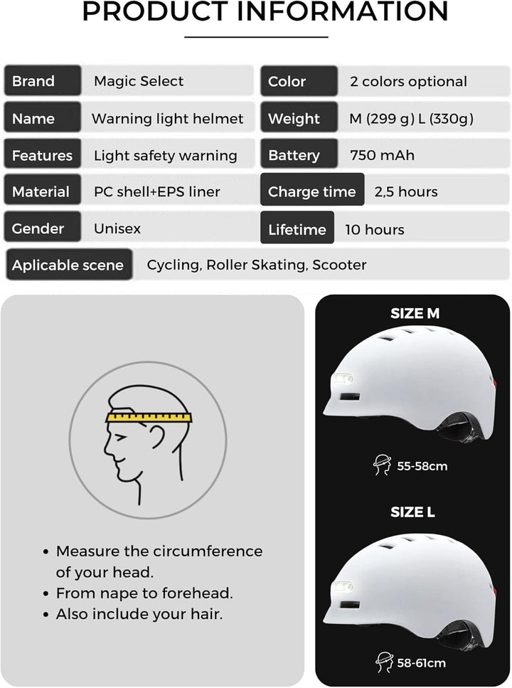 Fahrrad oder Elektrorollerhelm mit Rotem Warnlicht + weissem Frontlicht. Fahrradhelm, Skate, Schlitt