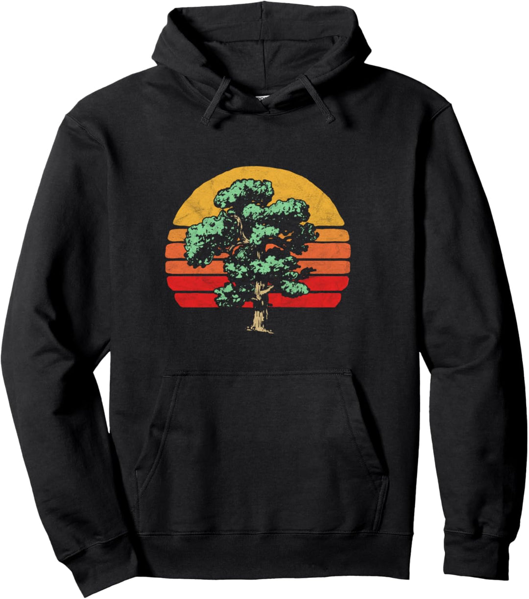 Retro Sun &amp; Cool Minimalist Oak Tree Design Graphic Pullover Hoodie