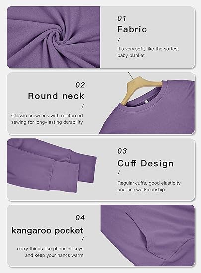 WNEEDU Damen Langarmshirts Lässige Sweatshirts mit Taschen Lila M, Lila M