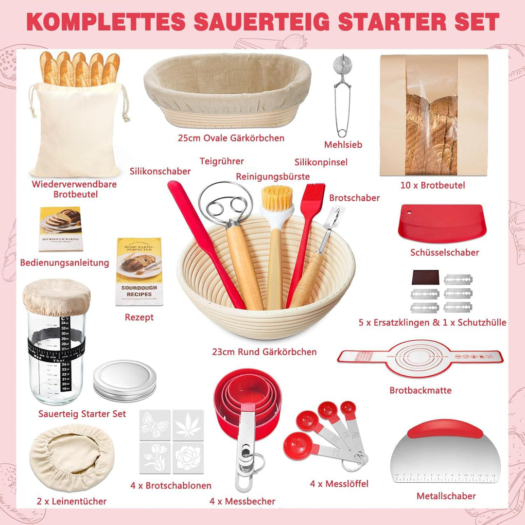 Sauerteig Starter Set, Gärkorb Brot Set mit 2 Gärkörbchen (23cm Runde &amp; 25cm Ovale), Rattan, 1000ml