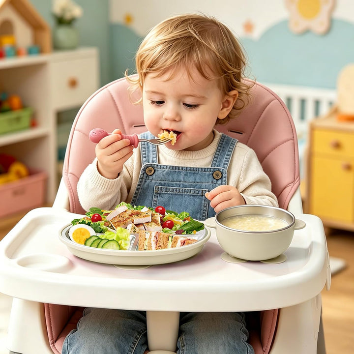 Baby Geschirr Set Edelstahl 4Teilig Geteilter Babyteller Saugnapf | Babyschale Rutschfest mit Griffe
