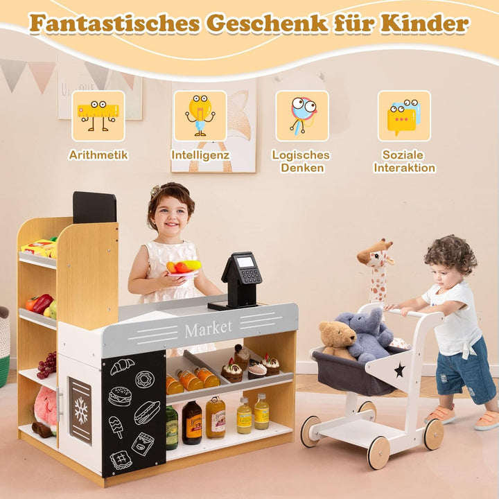 COSTWAY Kaufmannsladen, Kaufladen Kinder mit Einkaufswagen, Supermarkt Holz mit Kasse &amp; 2 Tafeln, Ei
