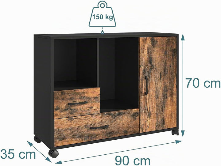 Relaxdays Rollcontainer 2 Schubladen, 4 Fächer, HBT: 70x90x35 cm, Rollwagen mit Tür, Büroregal Indus