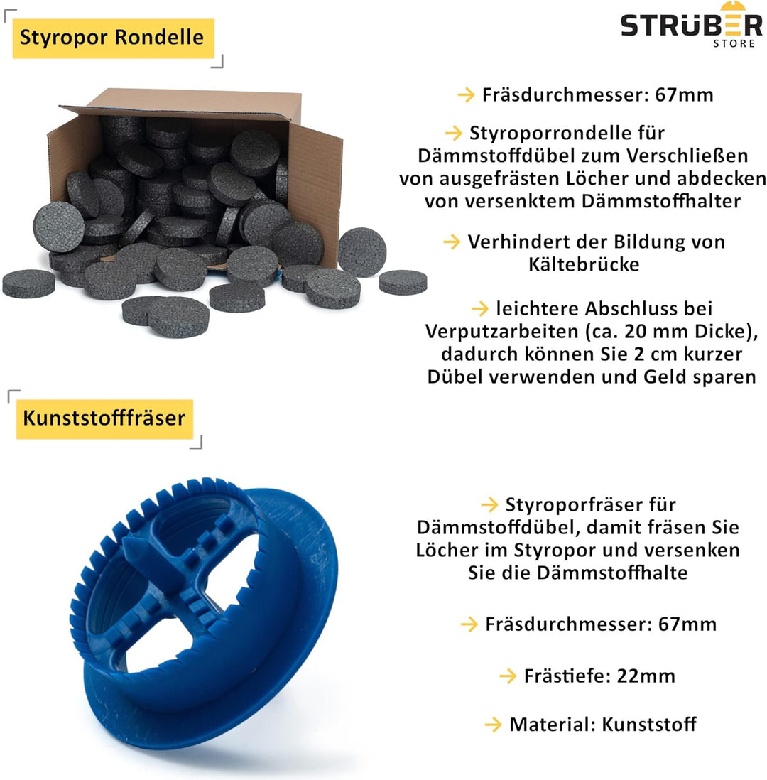 STRÜBER WDVS SET (Ø10x120mm Dämmstoffdübel mit Metalldorn 200St + Grau Styropor Rondelle 200St + Sty