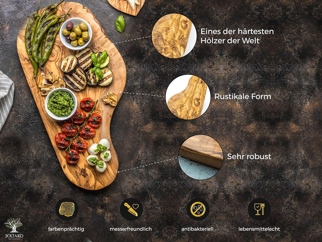 SOLTAKO Olivenholz Schneidebrett, Servierbrett, Steakbrett, Frühstücksbrett, Holzbrett, Käsebrett, O