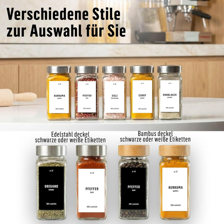 Deco haus® Gewürzgläser eckig mit Schraubkappe 36er Set [+Etiketten & Streueinsatz] - Gewürzdosen Se