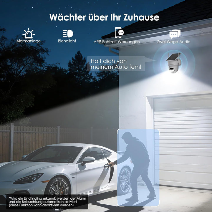 Alles in 1 Überwachungskamera Aussen Akku Solar, 2K, 100% Kabellos, 360° PTZ Kamera Überwachung Auss