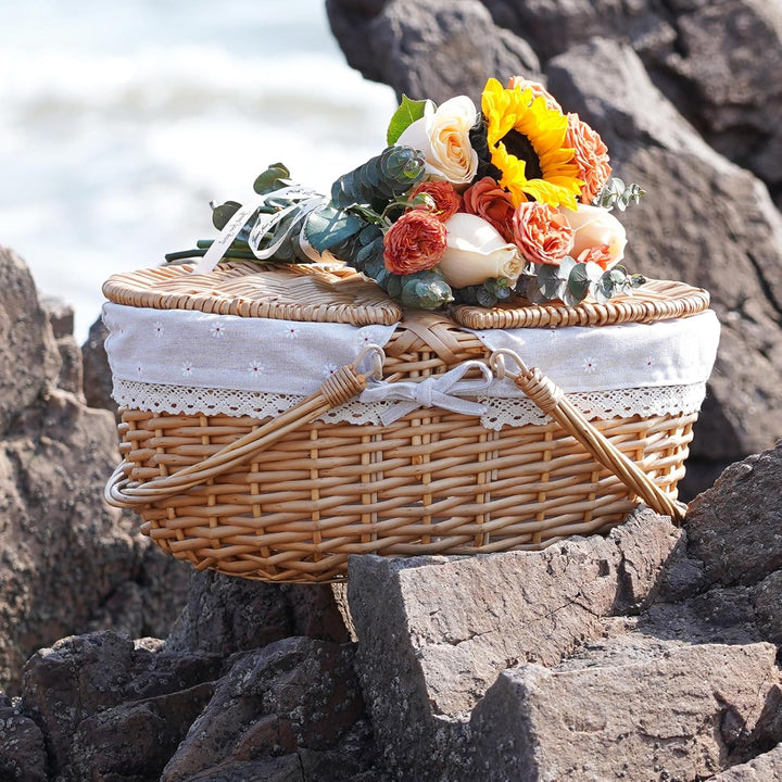 Wicker Picknickkorb mit Griff, 38 cm grosser leerer Picknickkorb mit Deckel und abnehmbarem Futter,