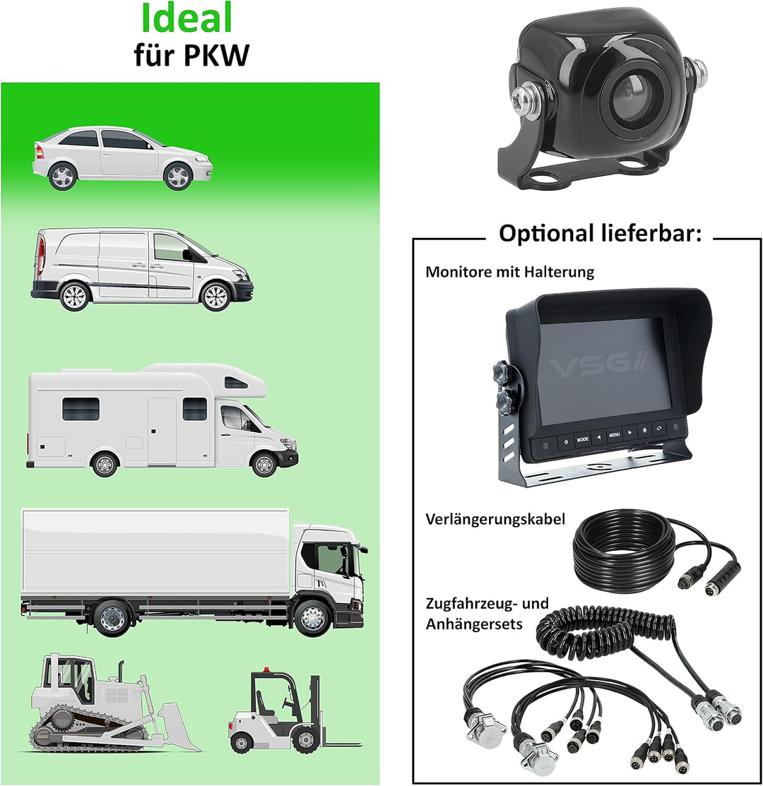 VSG24 23141 – Mini Rückfahrkamera, Kleine Kamera inkl. Verlängerungskabel, Distanzlinien-Anzeige, Fl