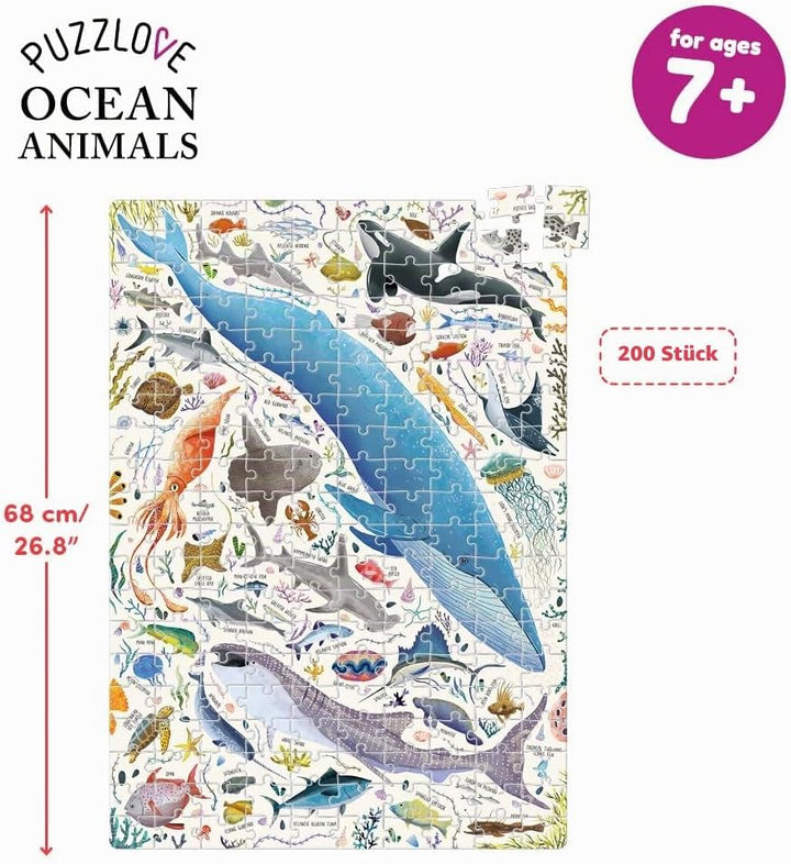 Puzzlove Ocean Animals 200 Teile Lernpuzzle für Kinder 7+, Bodenpuzzle, Meeresleben Ozeantiere (200