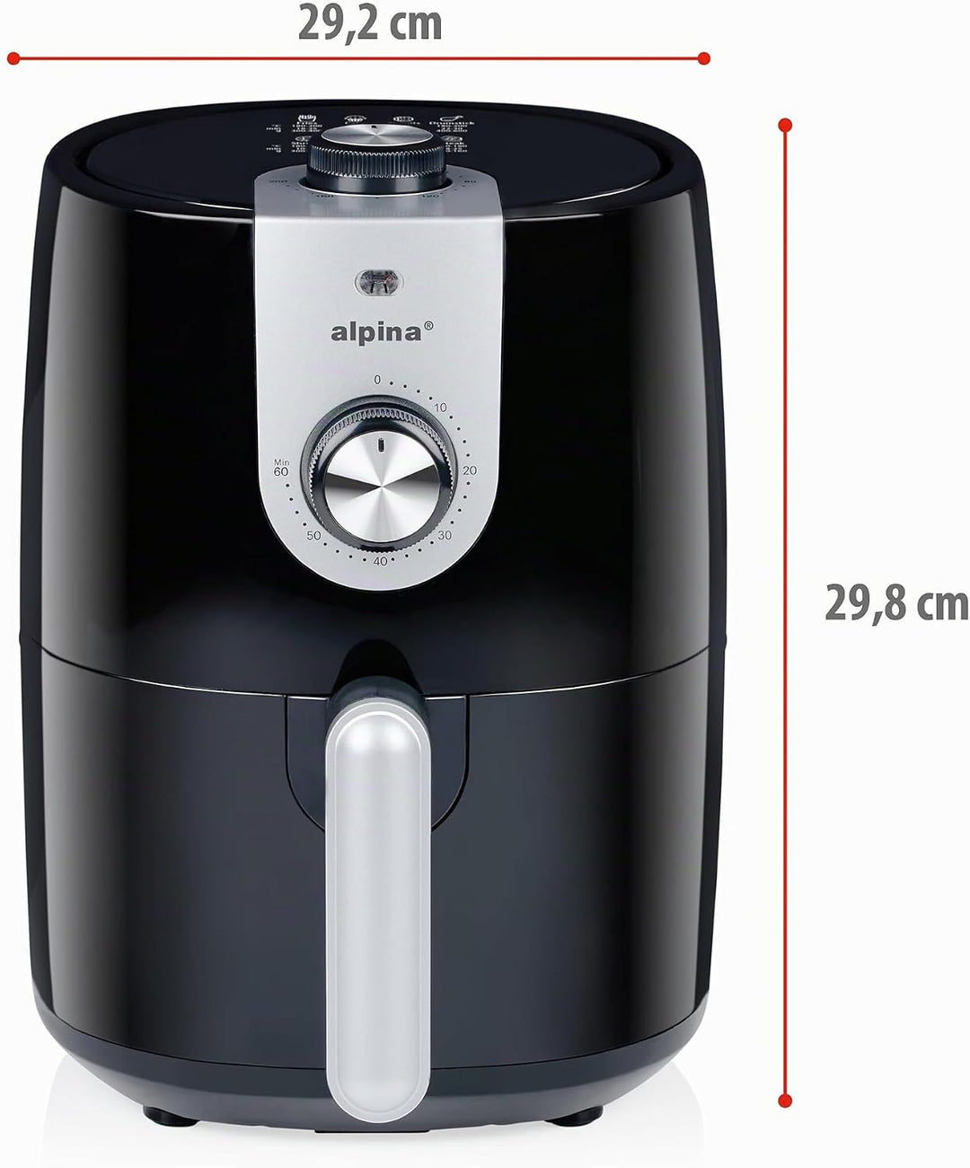 alpina Airfryer 2L - Heissluftfritteuse 900W - Temperatur Einstellbar von 80 bis 200 °C - für 2 bis