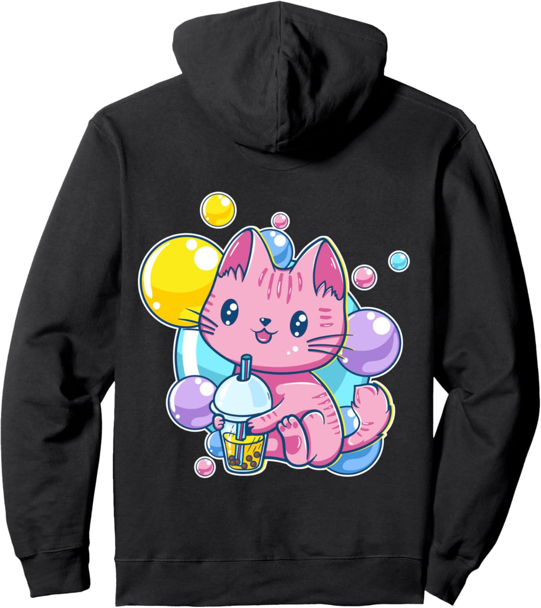 90er Kawaii Aesthetic Pink Pastell Chibi Katze Bubble Tea Pullover Hoodie