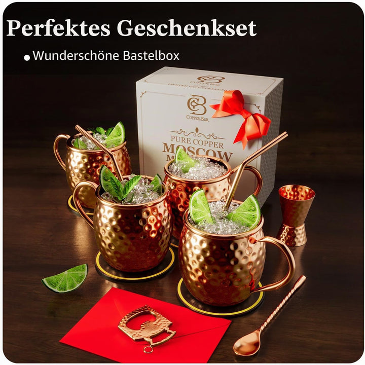 Copper-Bar Moscow Mule Kupferbecher – Set von 4 – 100 % handgefertigten, reinen massiven Kupferbeche
