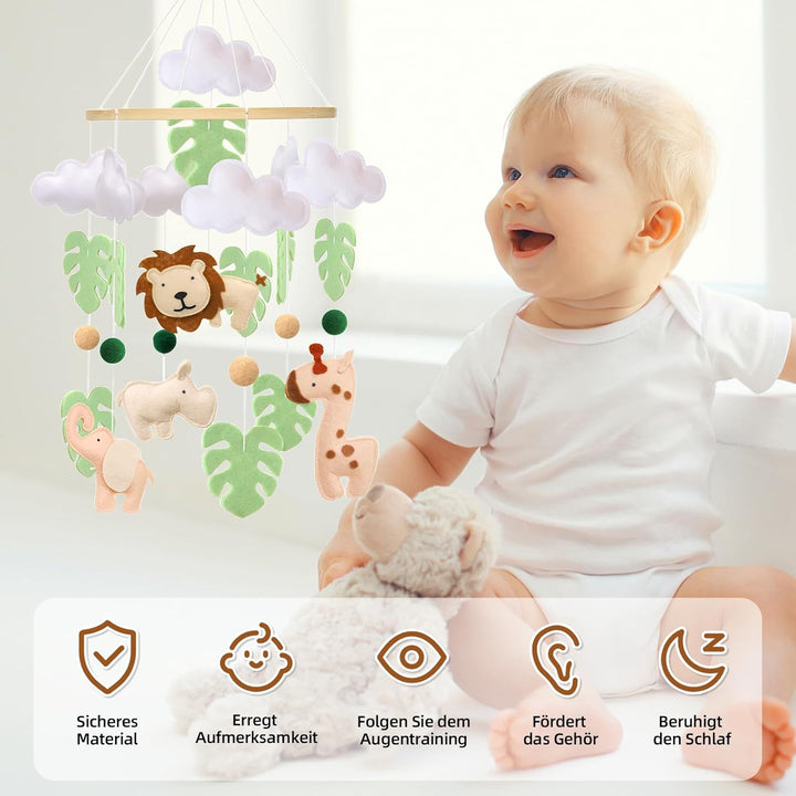 Waldtiere Mobile Baby Windspiele, 3D Löwe, Giraffe, Elefant, Nashorn, Grünes Blatt Mobile Baby Holz