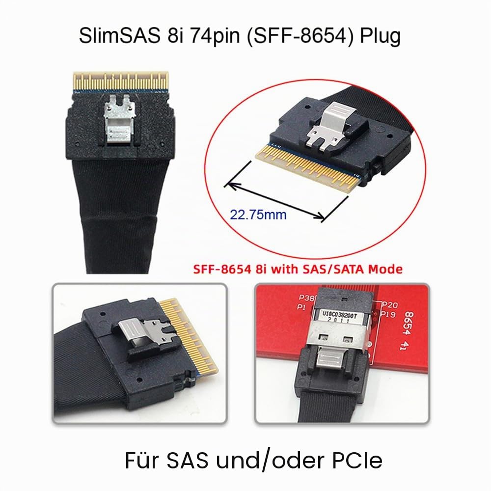 NFHK SlimSAS Host/RAID-zu-SATA-Zielkabel, Slim SAS 4.0 SFF-8654 8i 74Pin 1 zu 8 SATA 7Pin Raid Contr