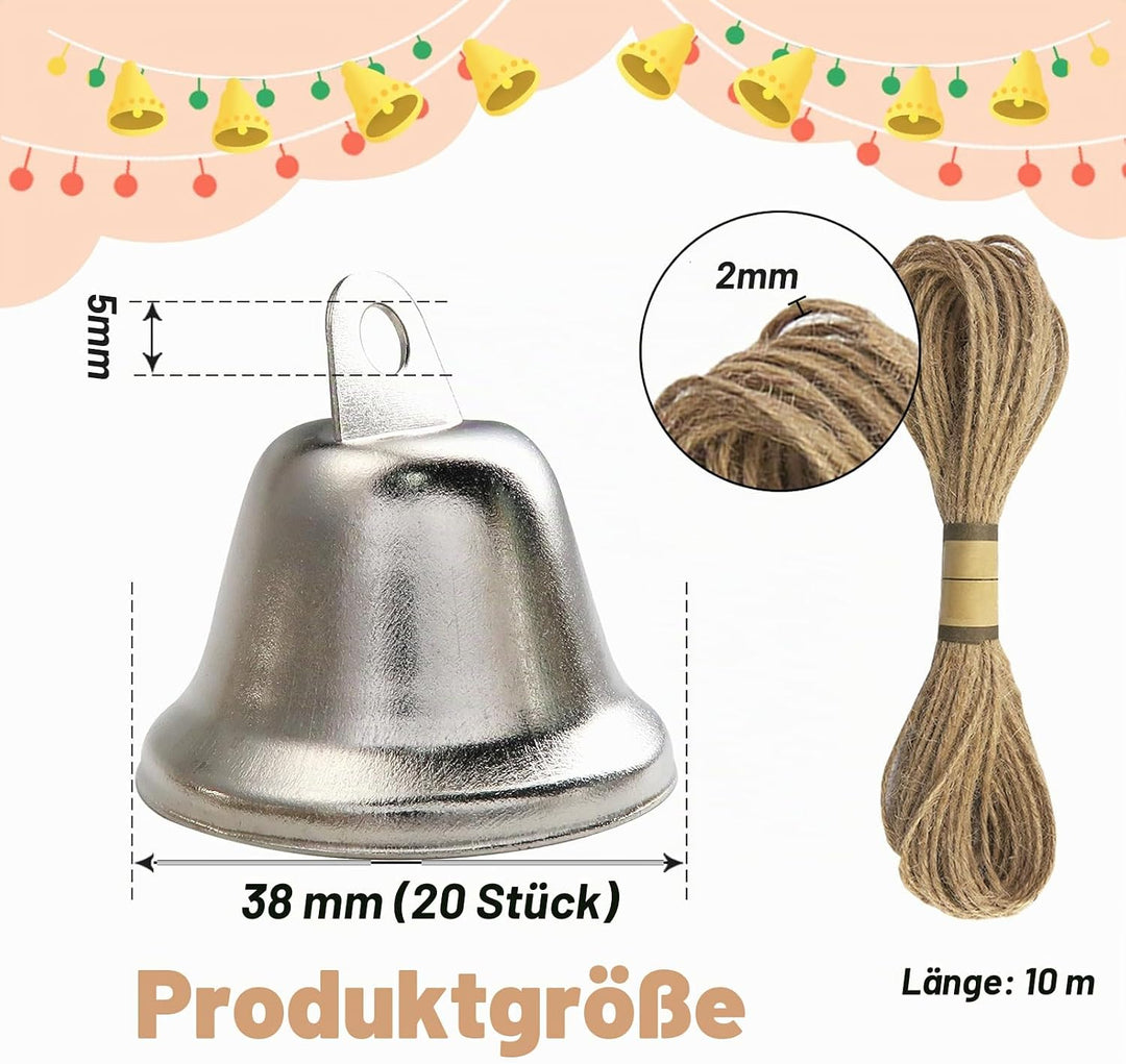TOAOB 20 Stück Silberglocken zum Basteln Silber Glocken 38 mm Metallglöckchen Mit 1 Rollen Hanfseil