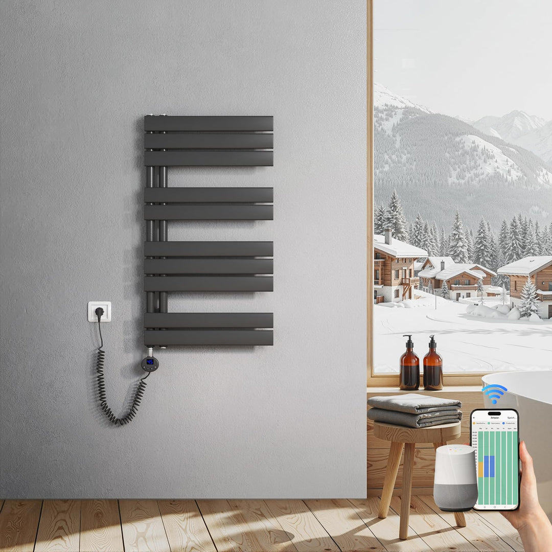 Heilmetz Badheizkörper Elektrisch 899 x 500mm Anthrazit mit WIFI Smart Heizstab 400W, Flach Handtuch