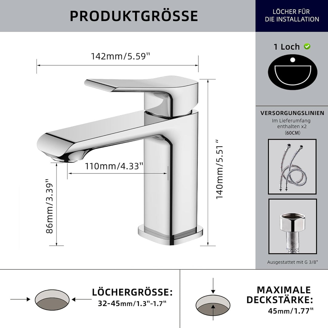 BELZ Wasserhahn Bad,Waschtischarmatur Einhandmischer Armatur Waschbecken mit Auslauf Höhe 86 MM,Wass