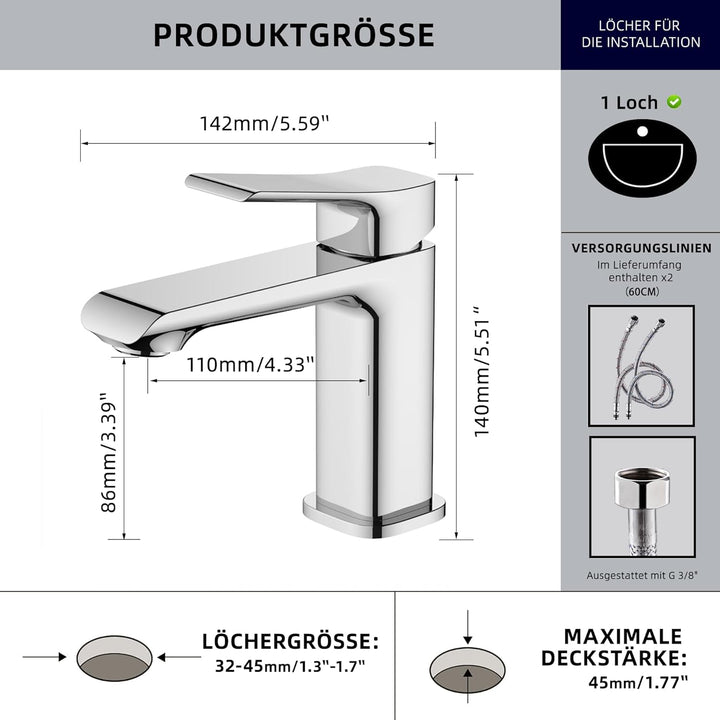 BELZ Wasserhahn Bad,Waschtischarmatur Einhandmischer Armatur Waschbecken mit Auslauf Höhe 86 MM,Wass