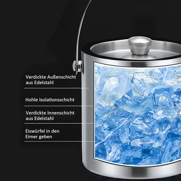 Eiswürfelbehälter, Eisbehälter rund mit Sieb und Eiszange, 2L Eiswürfelbehälte, Edelstahl Eisbehälte