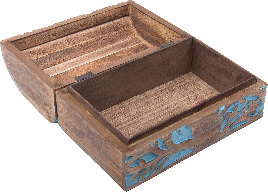Schatzkiste Baum des Lebens, massive Holz-Schatulle Dekobox hellblau, 23 x 14,5 x 11 cm, Blau