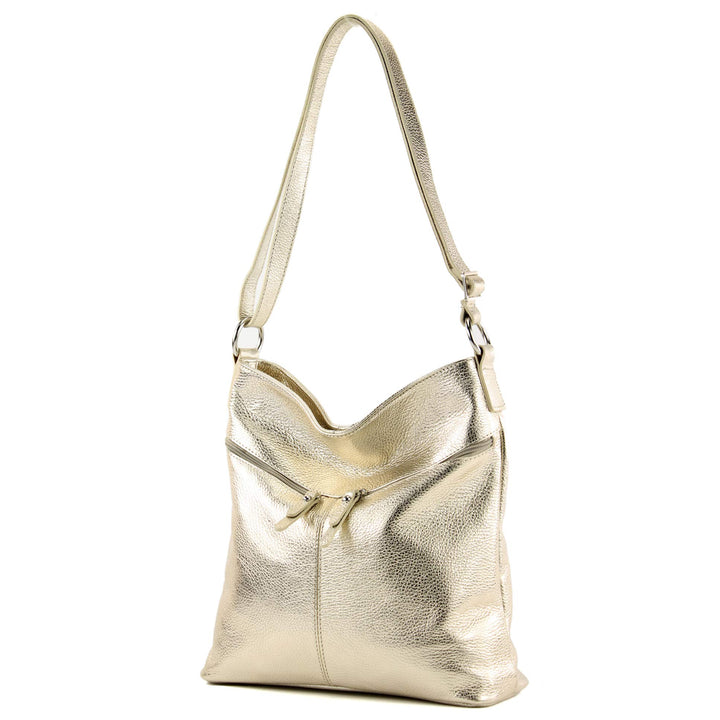 modamoda de - T196 - ital Umhängetasche Schultertasche aus Leder Lightgold Metallic, Lightgold Metal