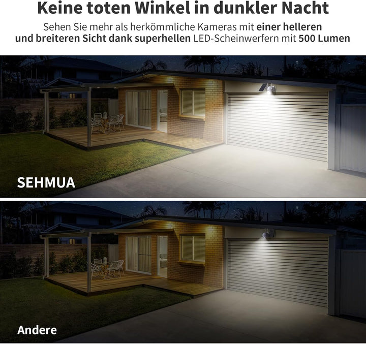 SEHMUA 2K Überwachungskamera Aussen Akku, 360° WLAN Aussenkamera mit Solar, 12 LEDs（500-Lumen） Outdo