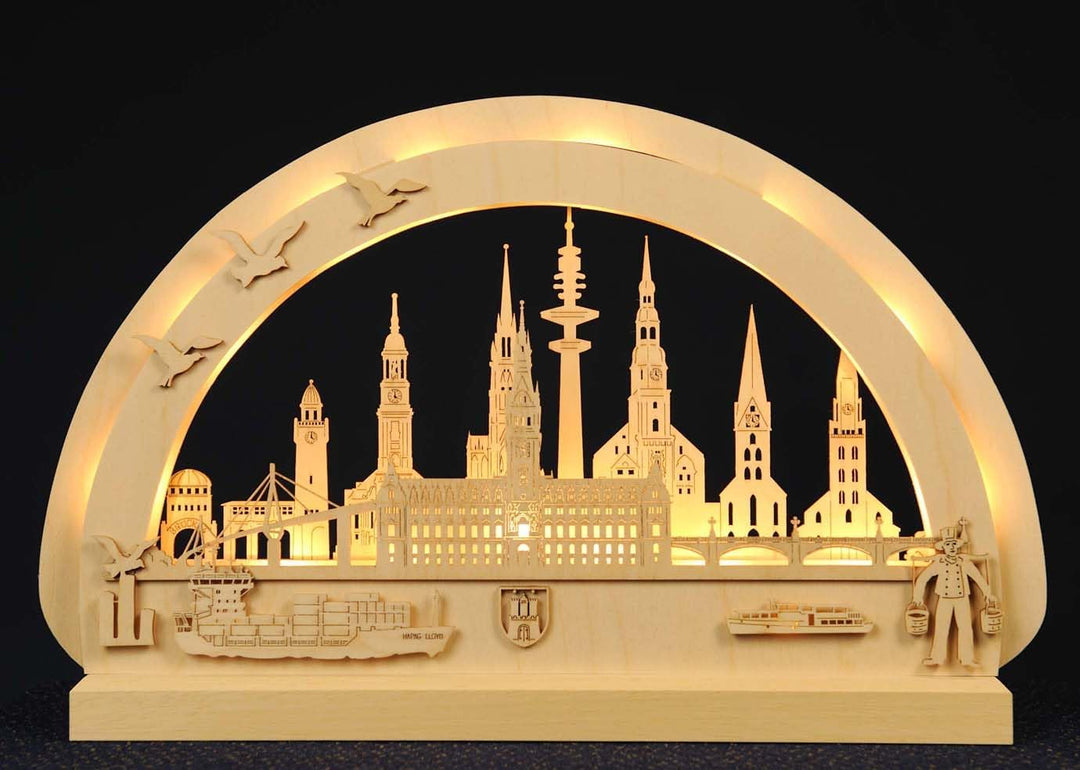 MM Holzkunstgewerbe Schwibbogen Lübeck Original Erzgebirge mit LED Beleuchtung Birkenholz 400x300mm