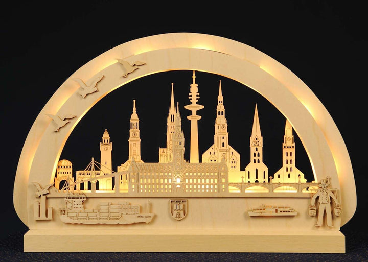 MM Holzkunstgewerbe Schwibbogen Lübeck Original Erzgebirge mit LED Beleuchtung Birkenholz 400x300mm