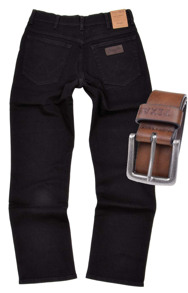 Wrangler Texas Stretch Herren Jeans Regular Fit inkl. Gürtel (W33/L34, Black Overdye + brauner Gürte
