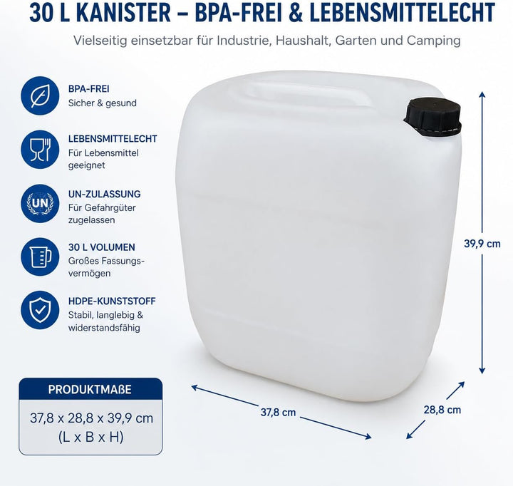 kanister-vertrieb® 3 Stück 30 L Kanister Wasserkanister Kunststoffkanister natur DIN61 + Hahn + Etik