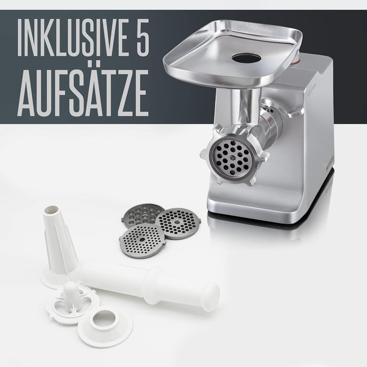 HEINRICHS Elektrischer Fleischwolf & Wurstmaschine inkl.3 verschiedene Hacksiebe+Kebbeaufsatz+ Wurst